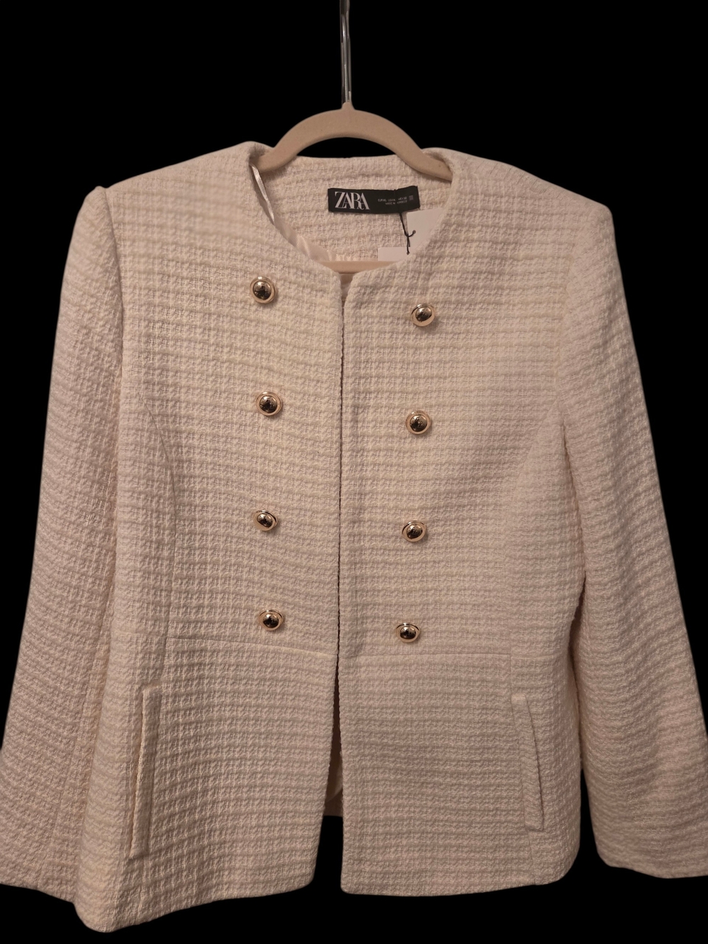 NWT Zara Cream Double-Breasted Textured Blazer with Gold Hardware XL